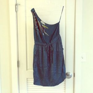Blue-green one shoulder dress with sequins